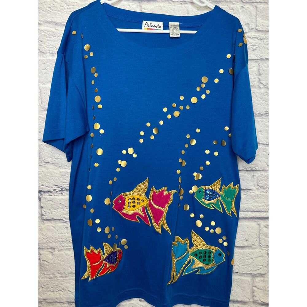 Arlando VNTG Blue Short Sleeve Top Embroidered Tropical Fish Beaded Bubbles MED